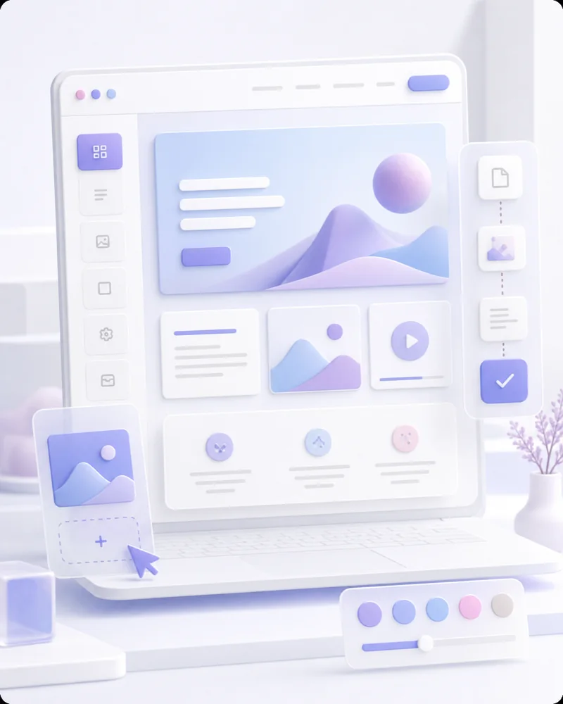 A polished content management interface displayed on a laptop