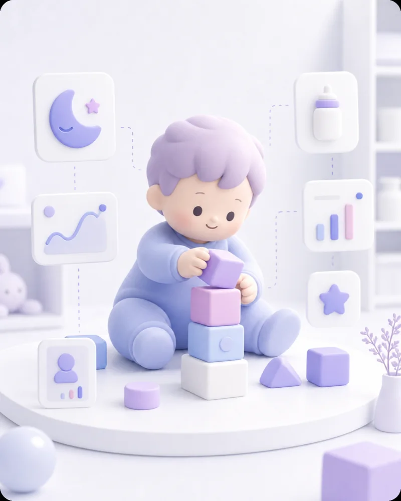 A toddler playing with wooden blocks in a softly lit nursery